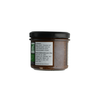 Pot de crème de noix au chocolat bio de Cave Noisel avec sa liste d'ingrédients